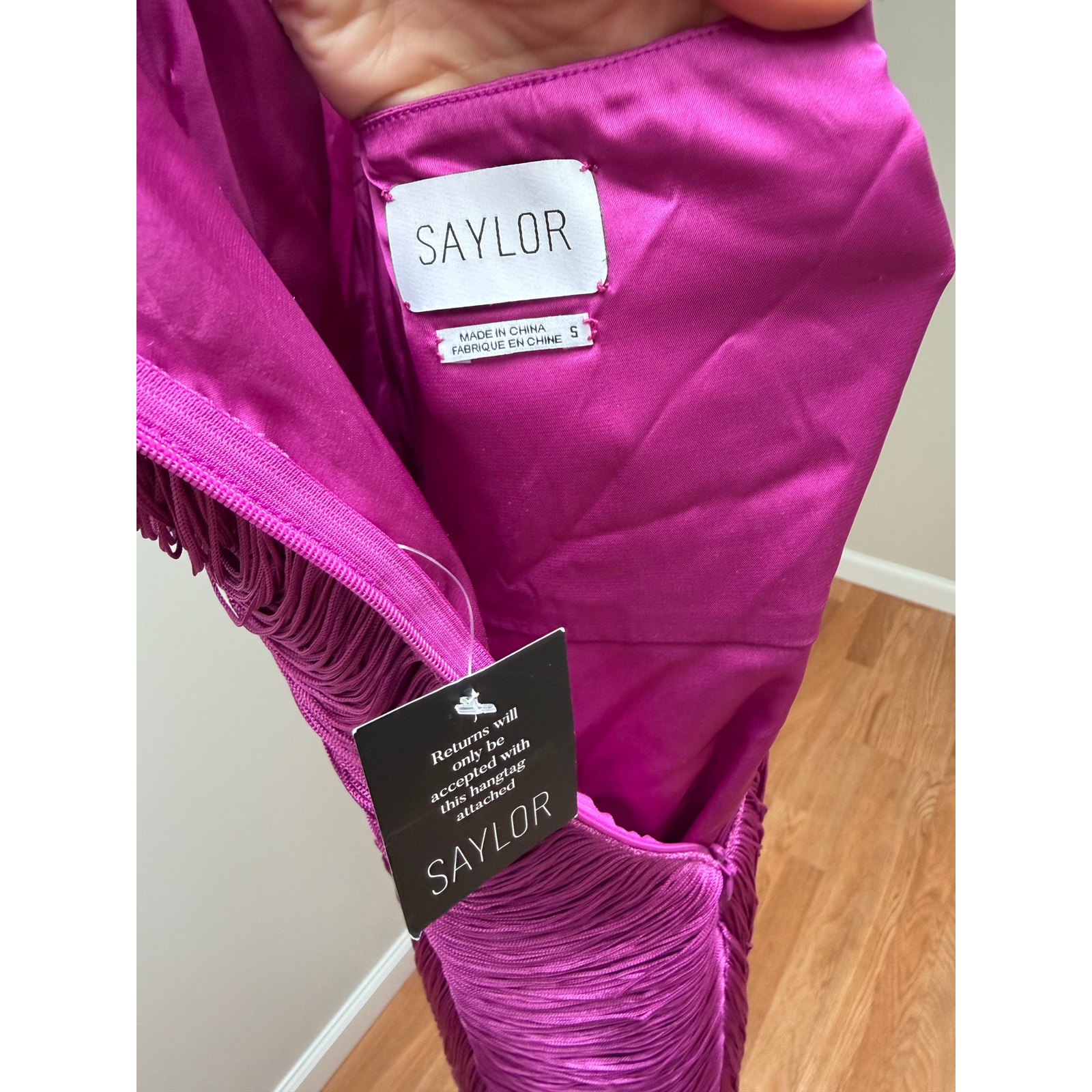 Saylor Magenta Fringe Satin Maxi Dress — image 6 of 7